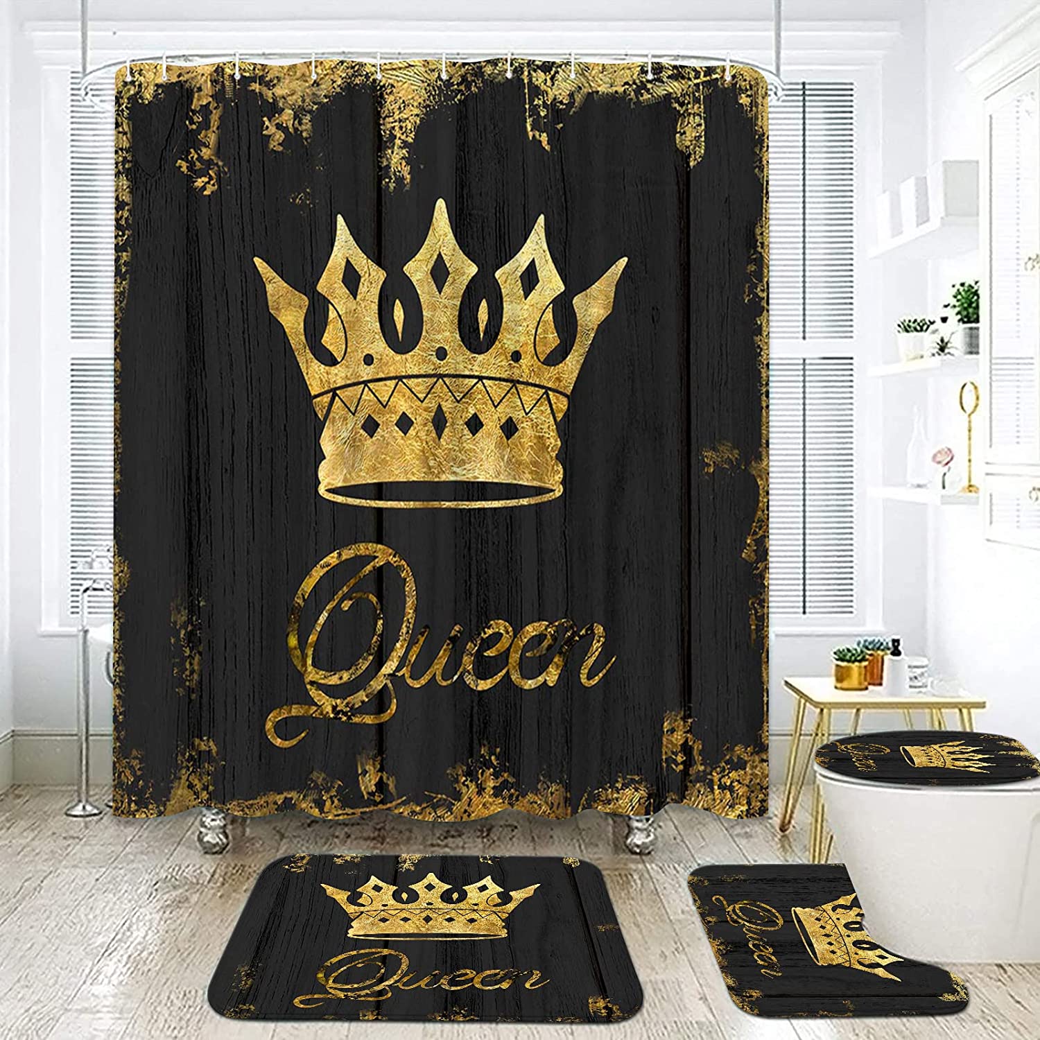 African Queen Crown Waterproof Shower Curtain, Golden Black Bath Decor, - Image 2