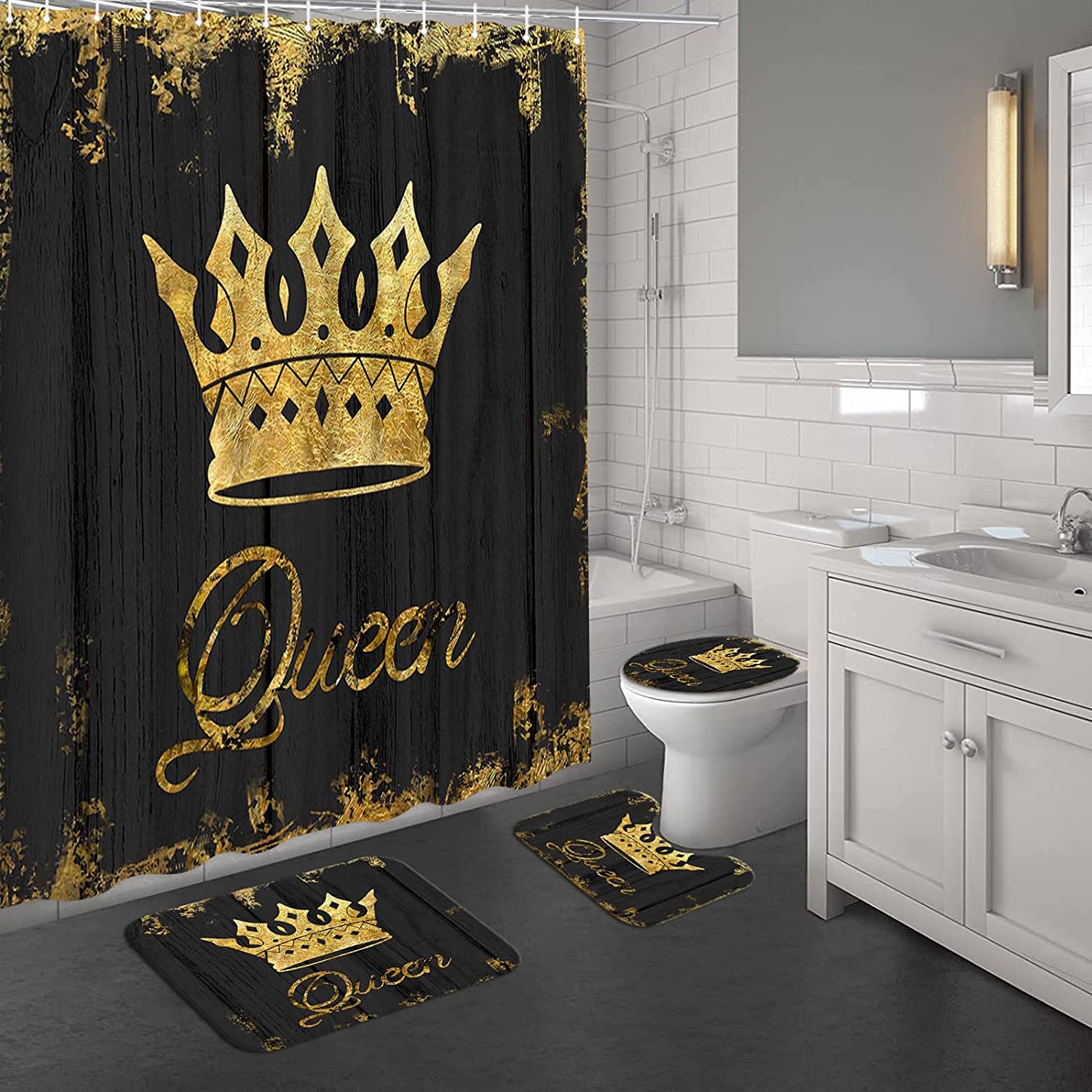 African Queen Crown Waterproof Shower Curtain, Golden Black Bath Decor, - Image 3
