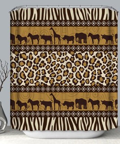 African Safari Fabric Shower Curtain With Leopard And Zebra Animals For Bathroom Decor