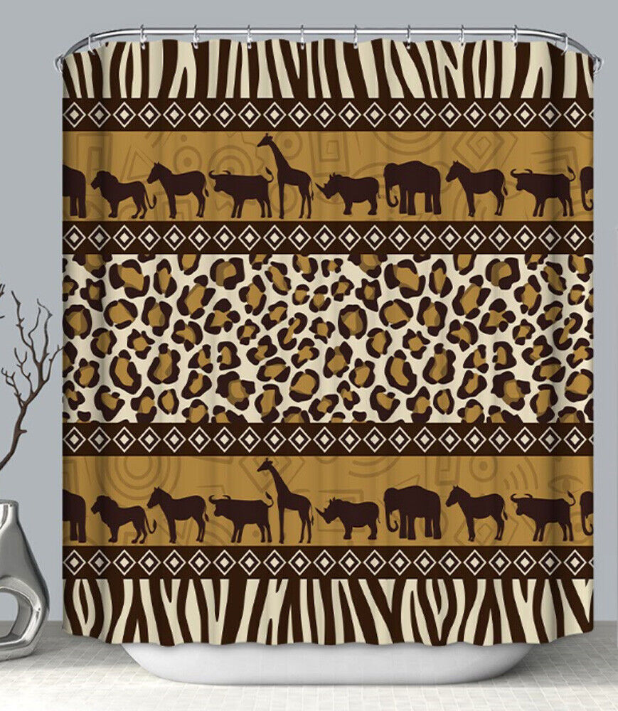 African Safari Fabric Shower Curtain With Leopard And Zebra Animals For Bathroom Decor
