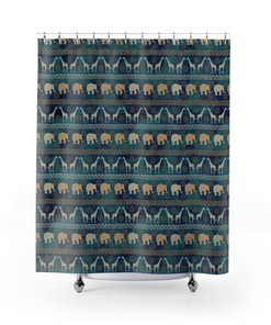 African Safari Shower Curtain With Blue Giraffe And Elephant, Ethno African Bathroom Decor