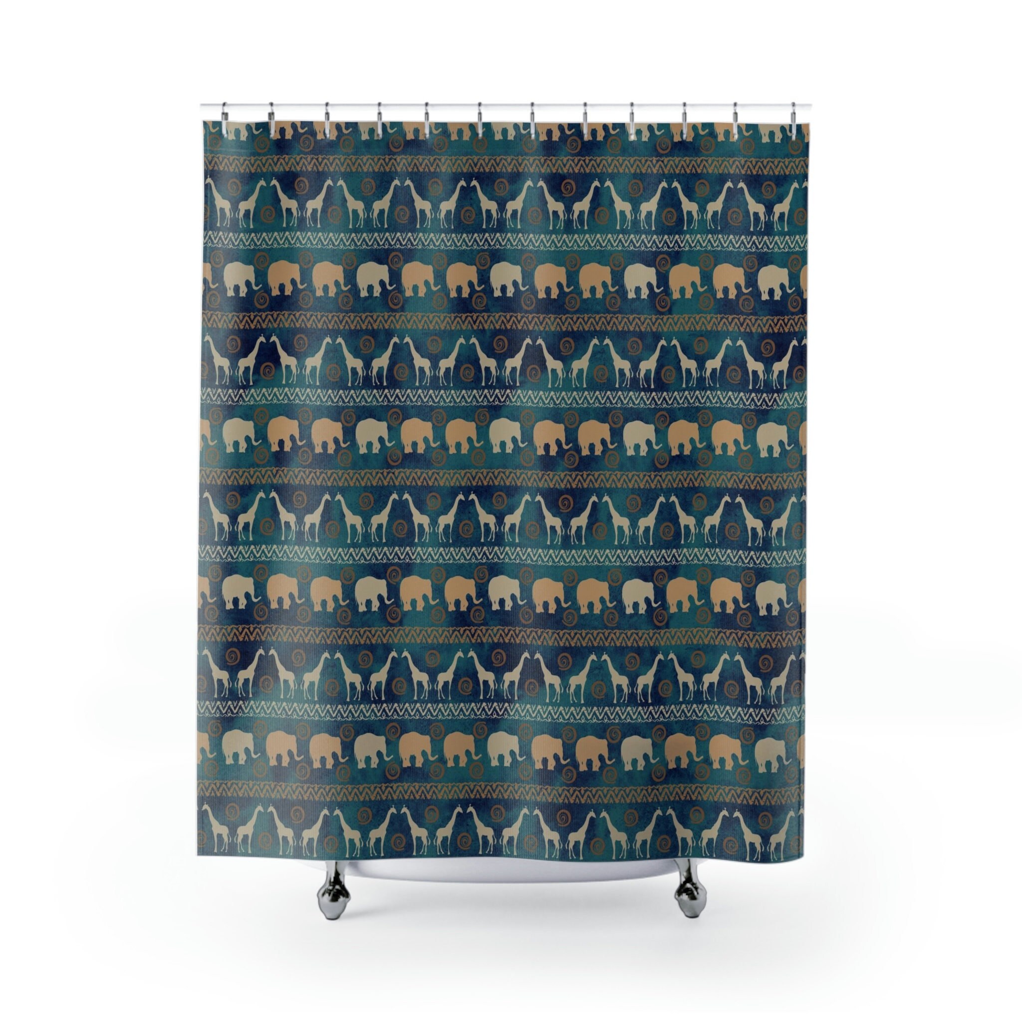 African Safari Shower Curtain With Blue Giraffe And Elephant, Ethno African Bathroom Decor