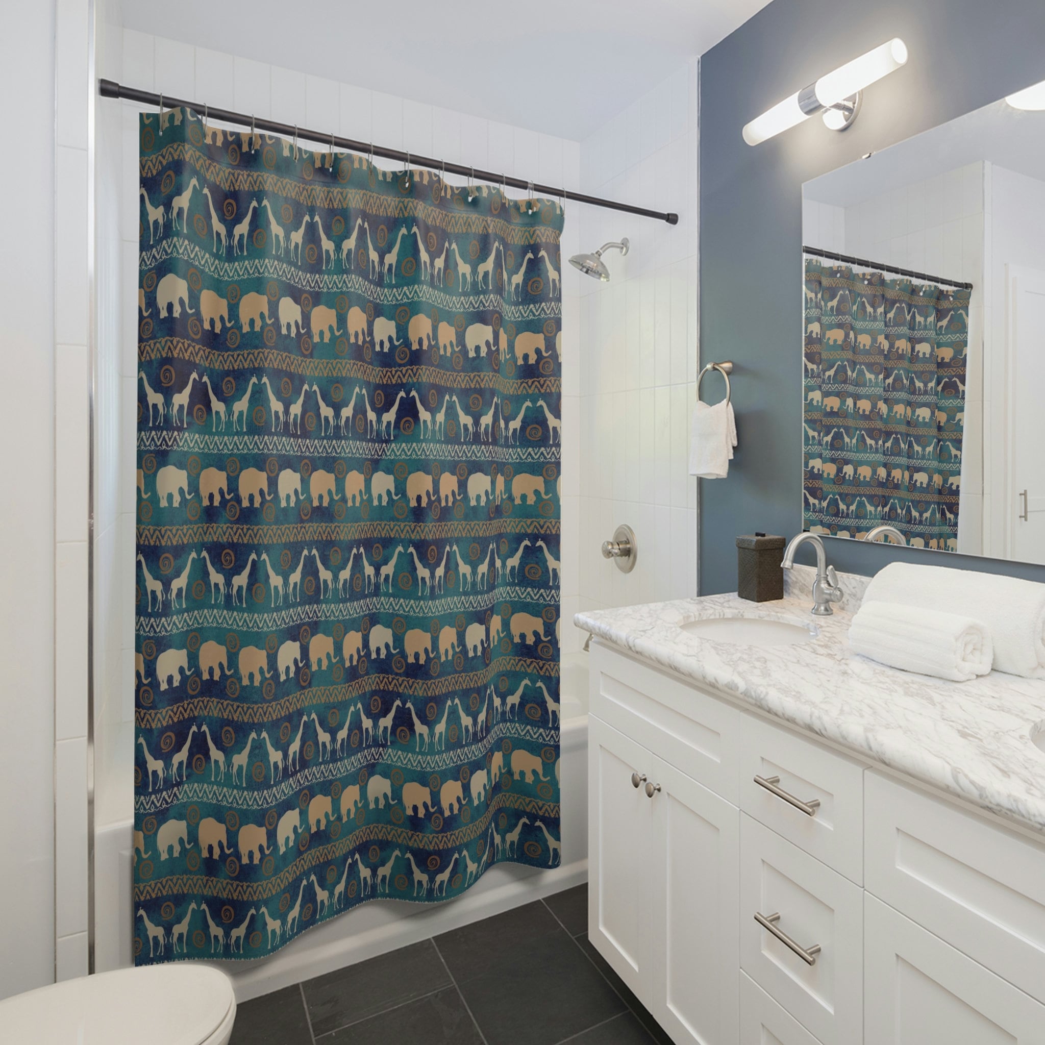 African Safari Shower Curtain With Blue Giraffe And Elephant, Ethno African Bathroom Decor - Image 2