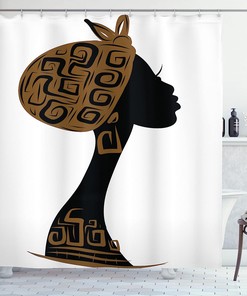 African Shower Curtain - Face Profile Silhouette Woman Headscarf Art Folk Elements - Cloth Fabric Bathroom Decorr