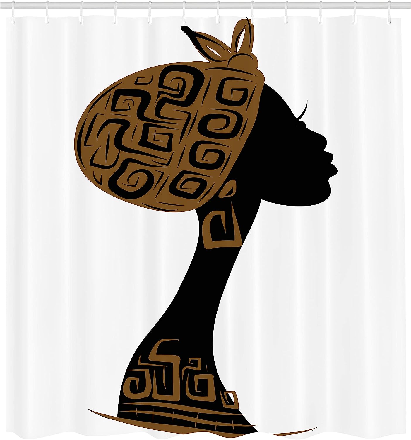 African Shower Curtain - Face Profile Silhouette Woman Headscarf Art Folk Elements - Cloth Fabric Bathroom Decorr - Image 2