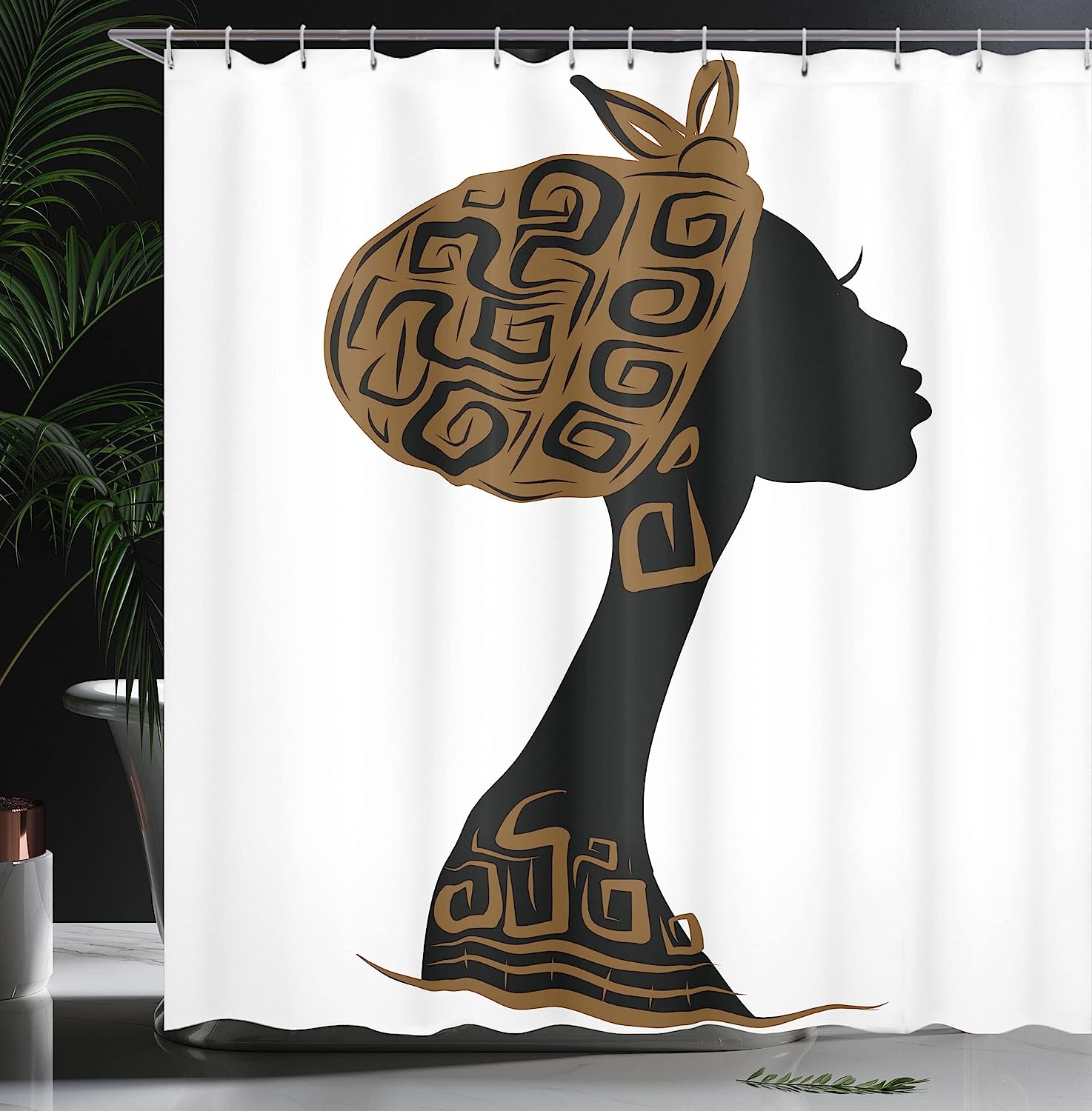 African Shower Curtain - Face Profile Silhouette Woman Headscarf Art Folk Elements - Cloth Fabric Bathroom Decorr - Image 3