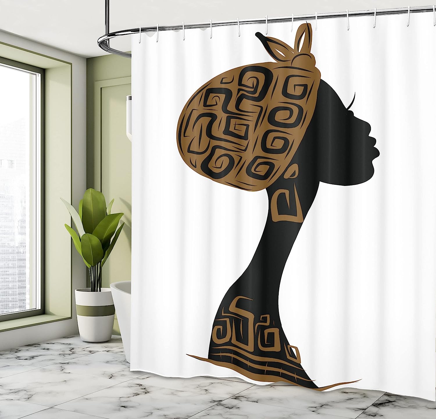 African Shower Curtain - Face Profile Silhouette Woman Headscarf Art Folk Elements - Cloth Fabric Bathroom Decorr - Image 4