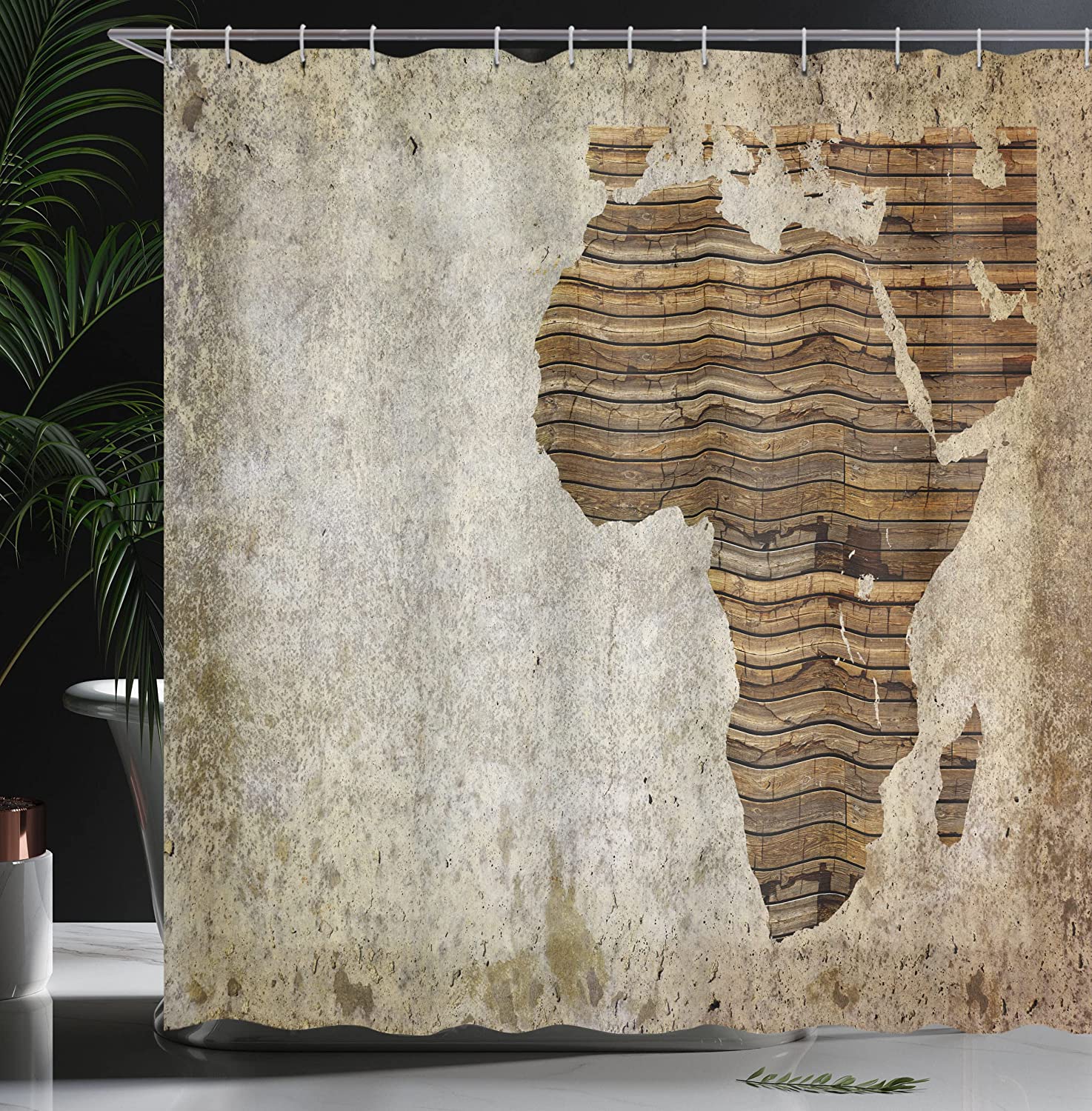 African Shower Curtain - Geography Theme Grunge Vintage Wooden Plank And Map Digital Print - Image 3