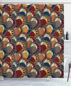 African Shower Curtain - Paisley Motifs Geometric Design Dots Lines Teardrop Shape Curved Tip
