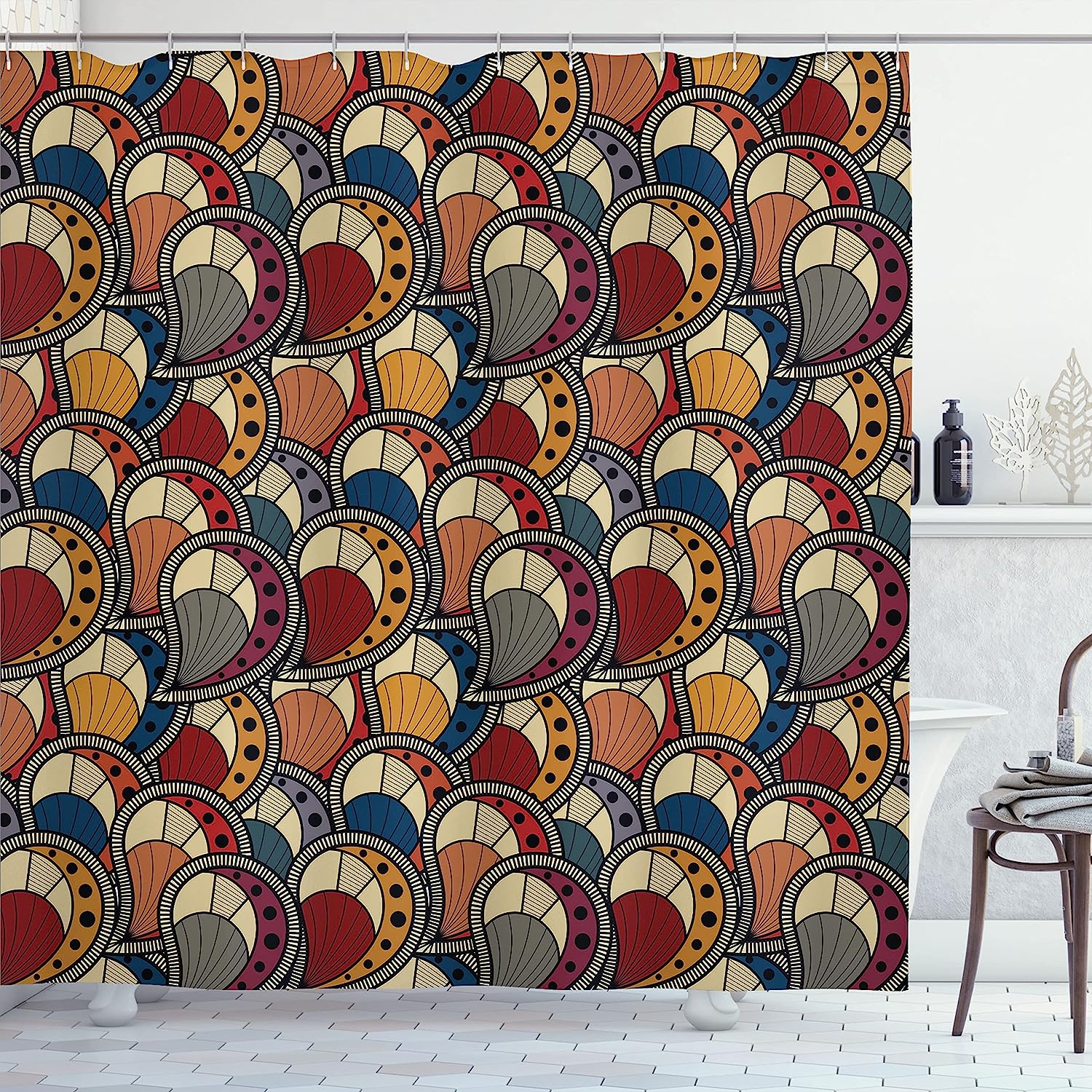 African Shower Curtain - Paisley Motifs Geometric Design Dots Lines Teardrop Shape Curved Tip