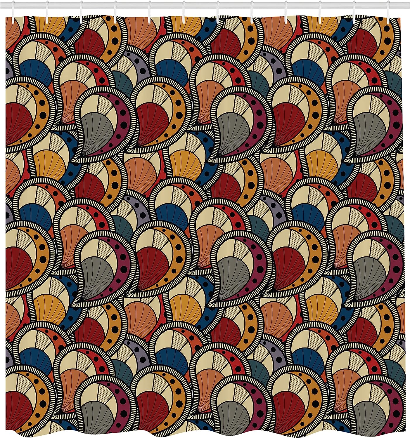 African Shower Curtain - Paisley Motifs Geometric Design Dots Lines Teardrop Shape Curved Tip - Image 2