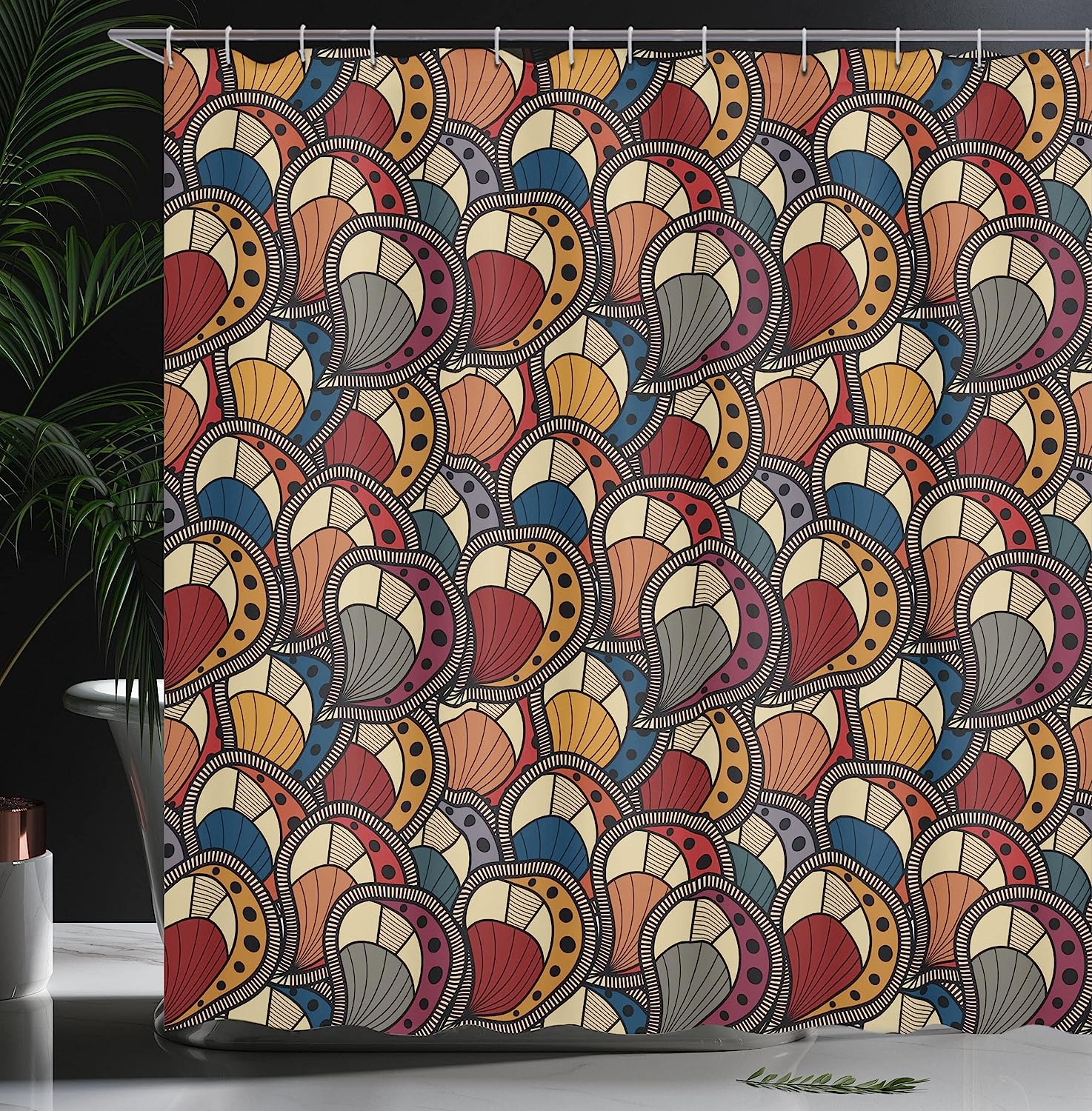 African Shower Curtain - Paisley Motifs Geometric Design Dots Lines Teardrop Shape Curved Tip - Image 3