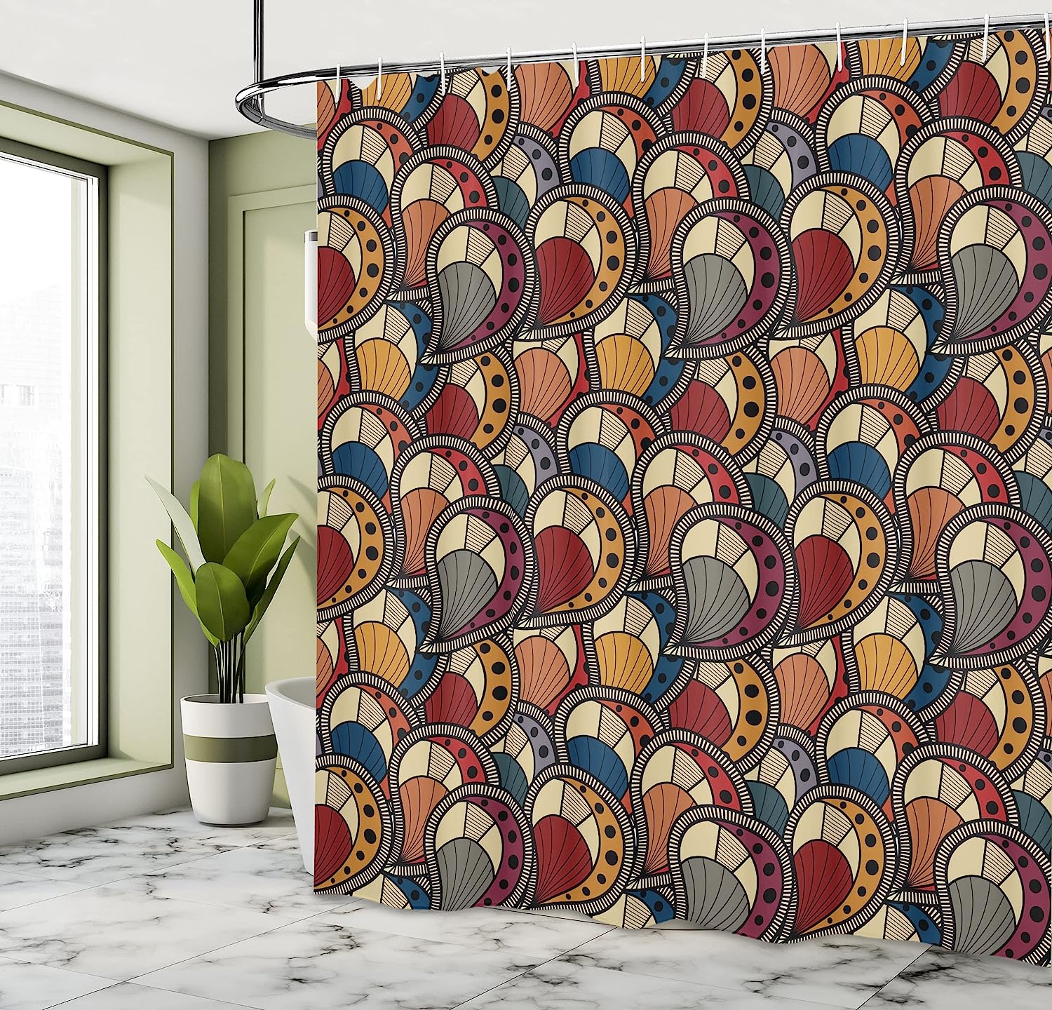 African Shower Curtain - Paisley Motifs Geometric Design Dots Lines Teardrop Shape Curved Tip - Image 4