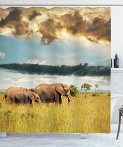 African Shower Curtain With Elephant Family Photo Print For Bathroom Decor