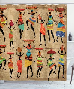 African Shower Curtain - Woman Silhouettes With Traditional Clothes Carrying Bowls On Head