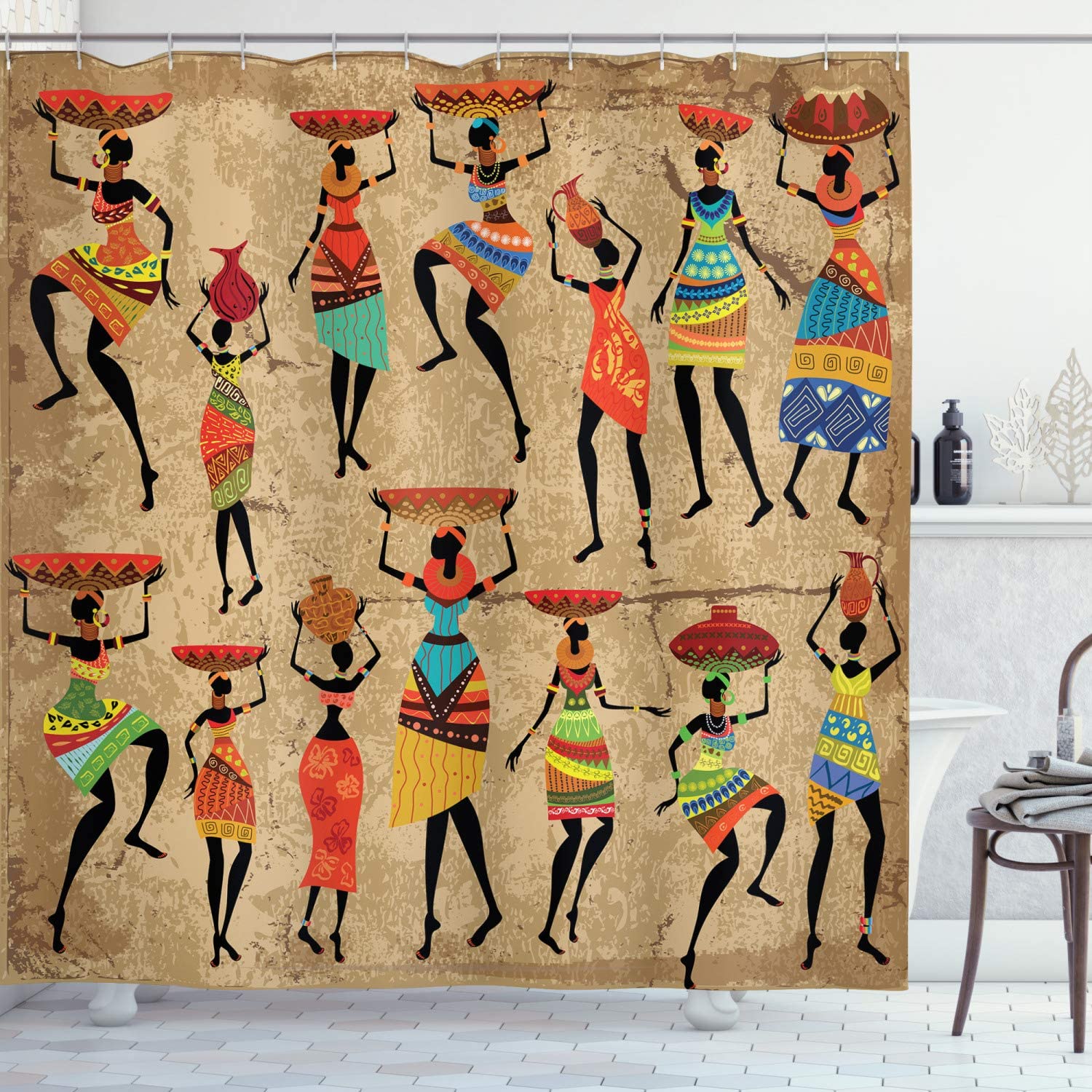 African Shower Curtain - Woman Silhouettes With Traditional Clothes Carrying Bowls On Head