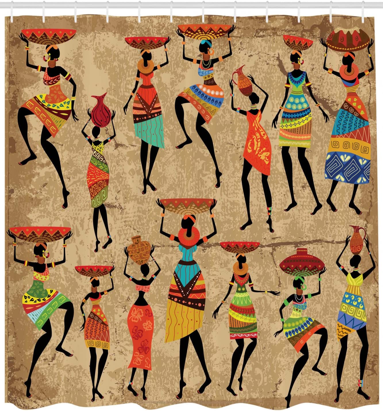African Shower Curtain - Woman Silhouettes With Traditional Clothes Carrying Bowls On Head - Image 2
