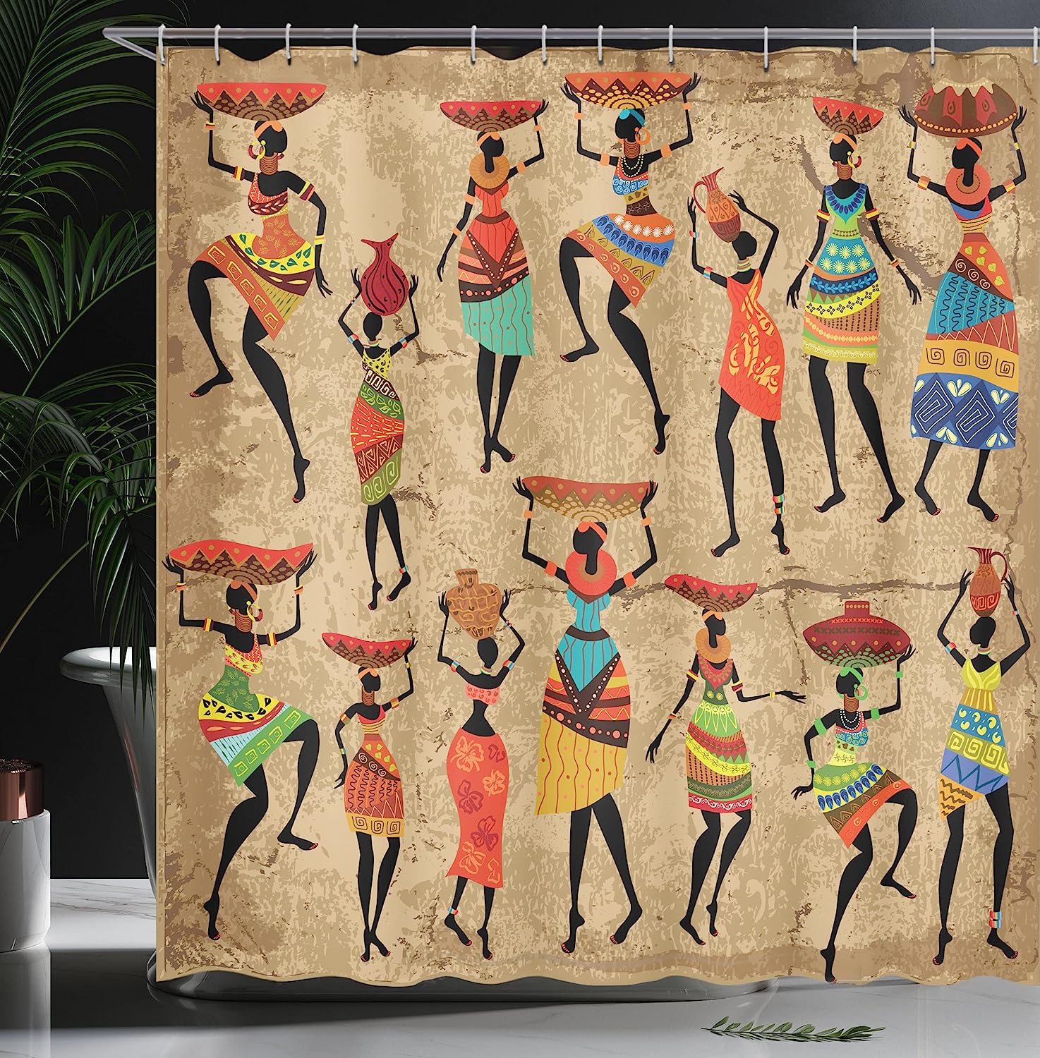 African Shower Curtain - Woman Silhouettes With Traditional Clothes Carrying Bowls On Head - Image 3