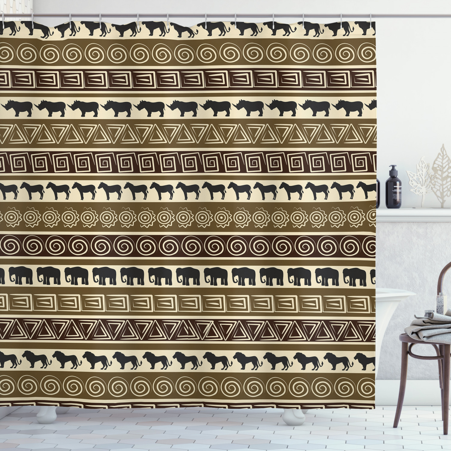 African Style Geometric Pattern And Wild Animals Art Image Shower Curtain