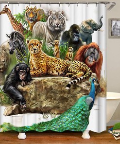 African Wild Animals Mighty Lion Tiger Shower Curtain, Fabric Bathroom Decoration, White