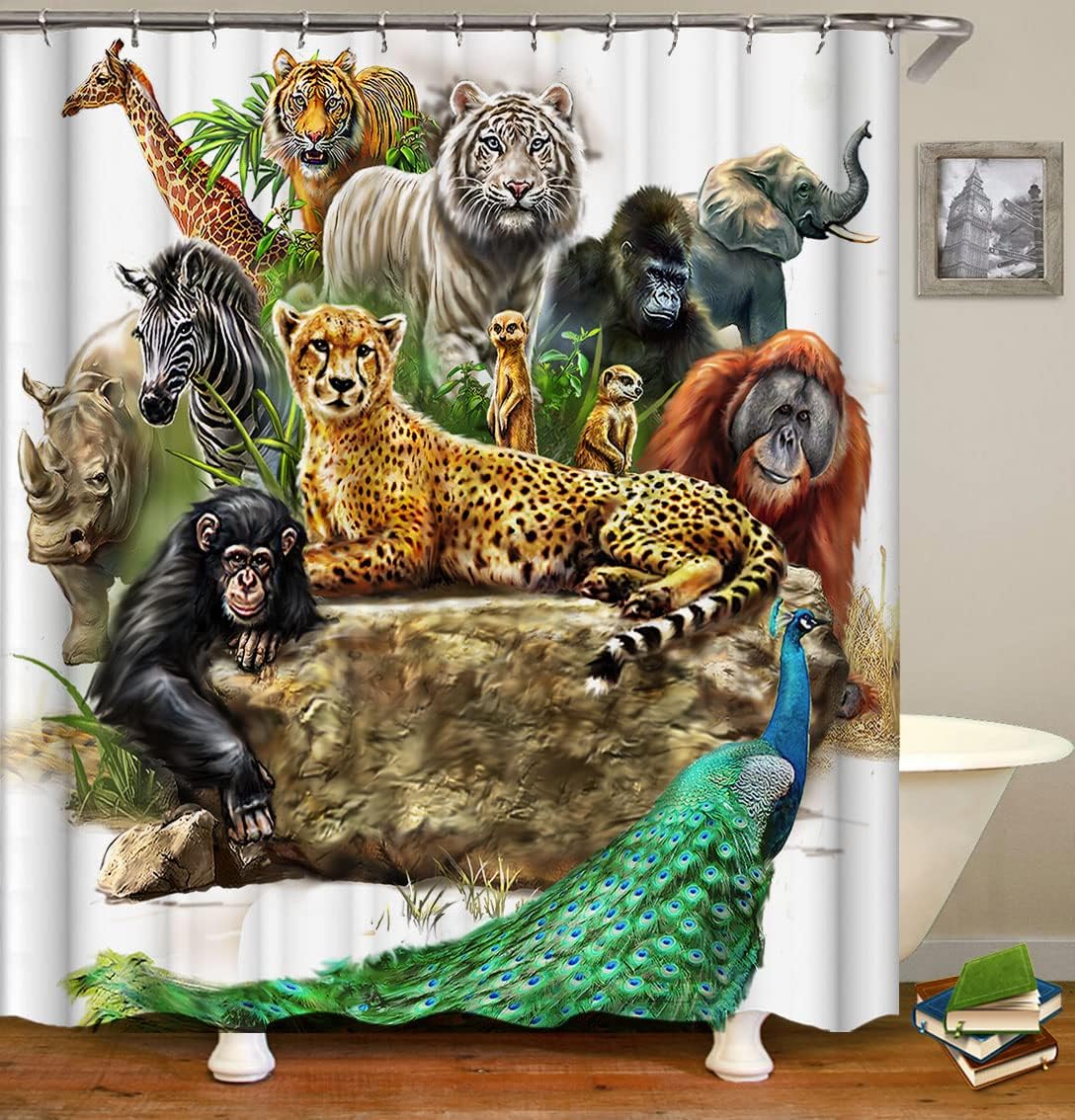 African Wild Animals Mighty Lion Tiger Shower Curtain, Fabric Bathroom Decoration, White