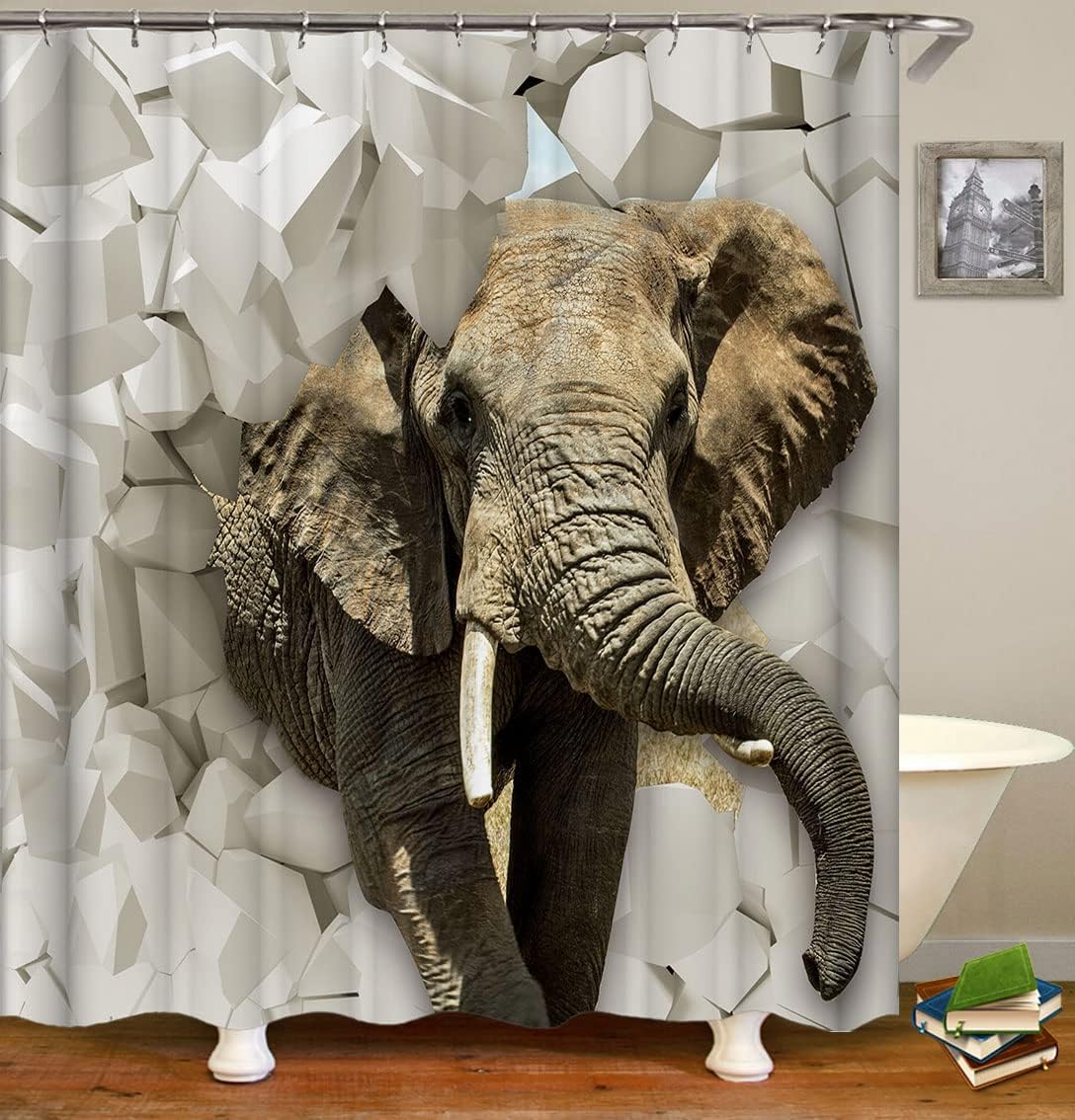 African Wildlife Elephants Print Shower Curtain for Savanna Bathroom Decor