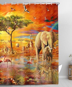 African Wildlife Flamingo Fabric Shower Curtain For Safari Bathroom Decor