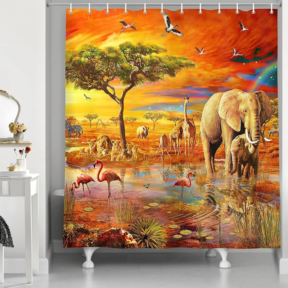 African Wildlife Flamingo Fabric Shower Curtain For Safari Bathroom Decor - Image 2