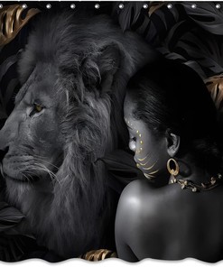 African Woman And Lion Shower Curtain For Wildlife Safari Bathroom Decor