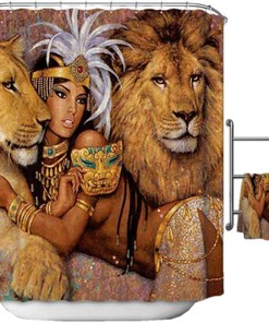 African Woman And Lions Shower Curtain - 3D Printed Fabric Bathroom Decor