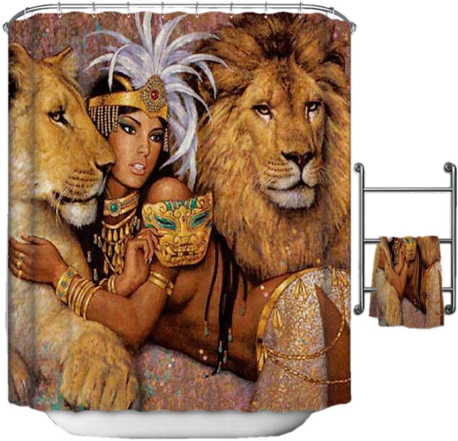 African Woman And Lions Shower Curtain - 3D Printed Fabric Bathroom Decor