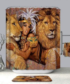 African Woman And Lions Shower Curtain - 3D Printed Fabric Bathroom Decor
