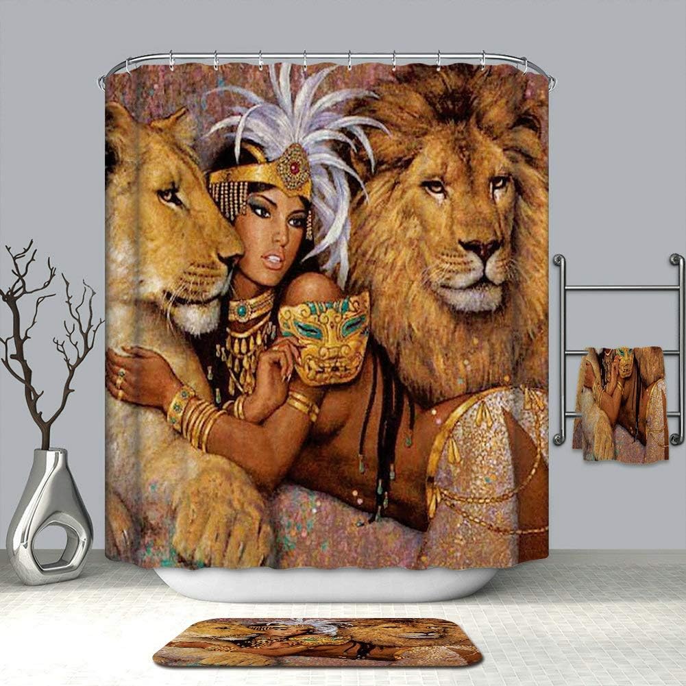 African Woman And Lions Shower Curtain - 3D Printed Fabric Bathroom Decor