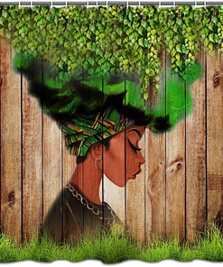 African Woman Shower Curtain With Green Leaves Watercolor Design For Bathroom Decor