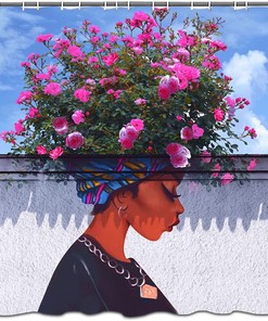 African Woman Shower Curtain With Rose Flower Girl Watercolor Design For Bathroom Decor