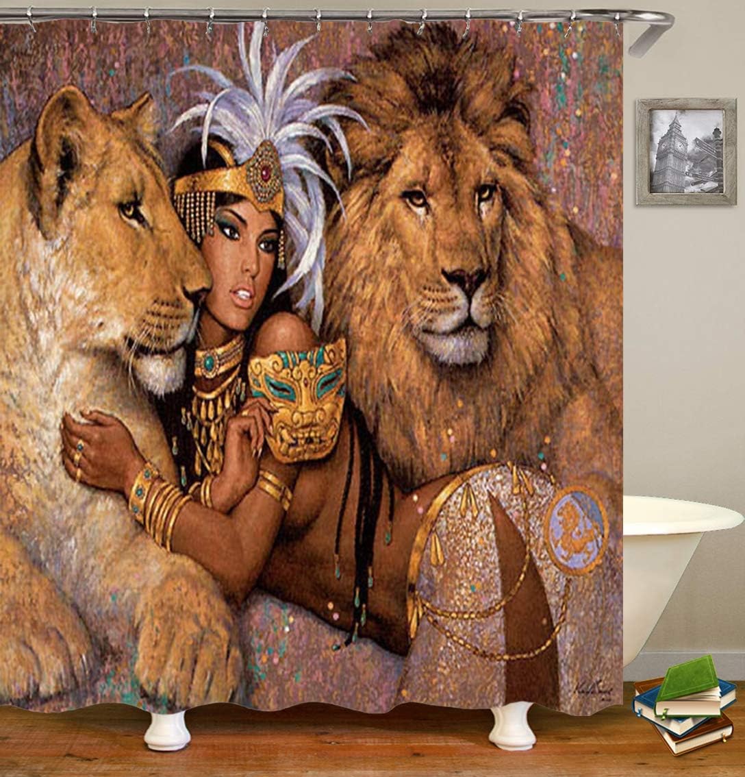 African Woman With Lion Headwrap Shower Curtain For Bathroom Decor