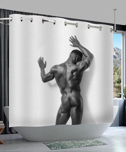 African-American Shower Curtain with Black and Gold Design and Snap-On Liner