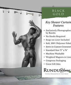 African-American Shower Curtain with Black and Gold Design and Snap-On Liner