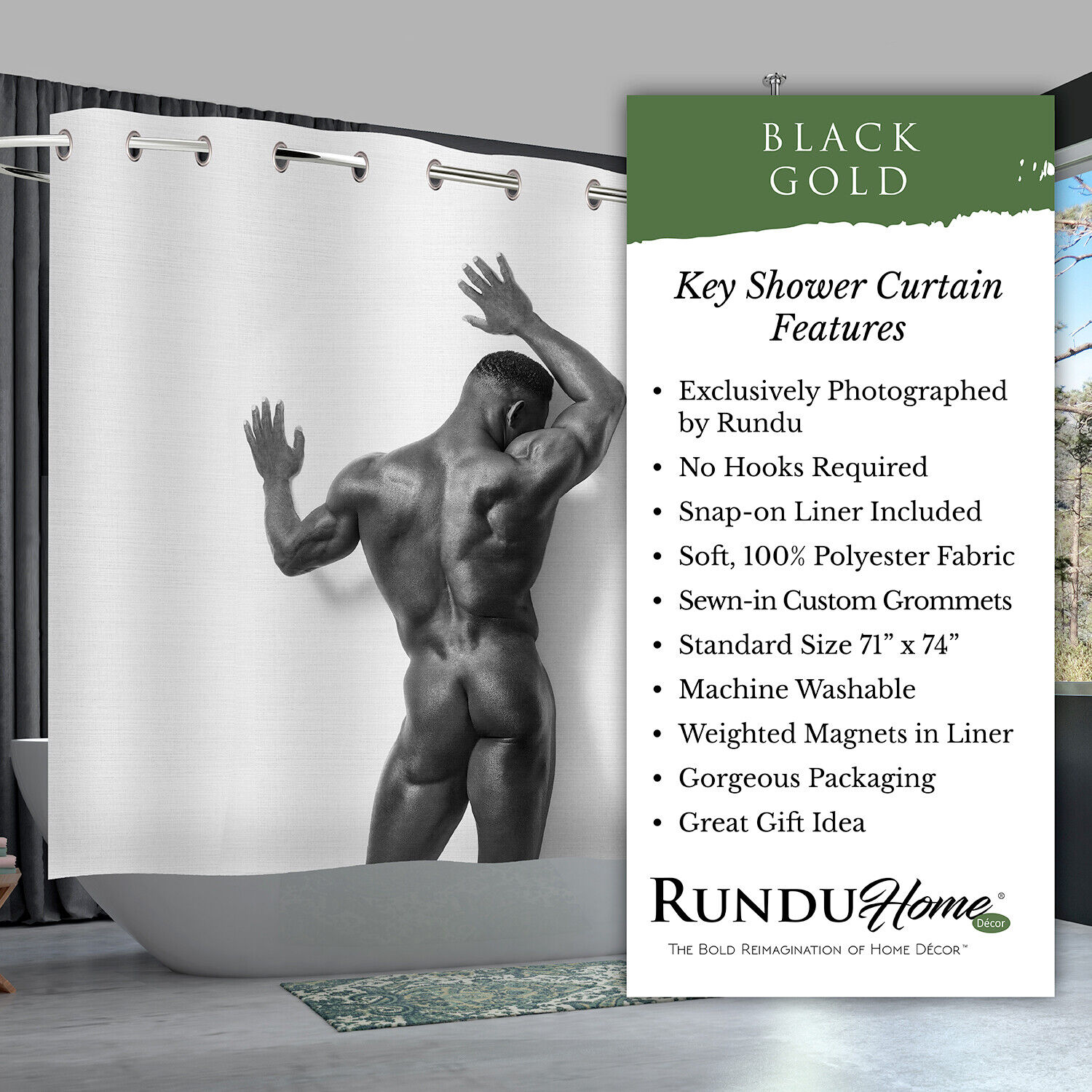 African-American Shower Curtain with Black and Gold Design and Snap-On Liner