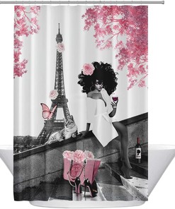 Afro Black Woman And Eiffel Tower Shower Curtain - Colorful And Playful Bathroom Decor With Unique And Bold Design