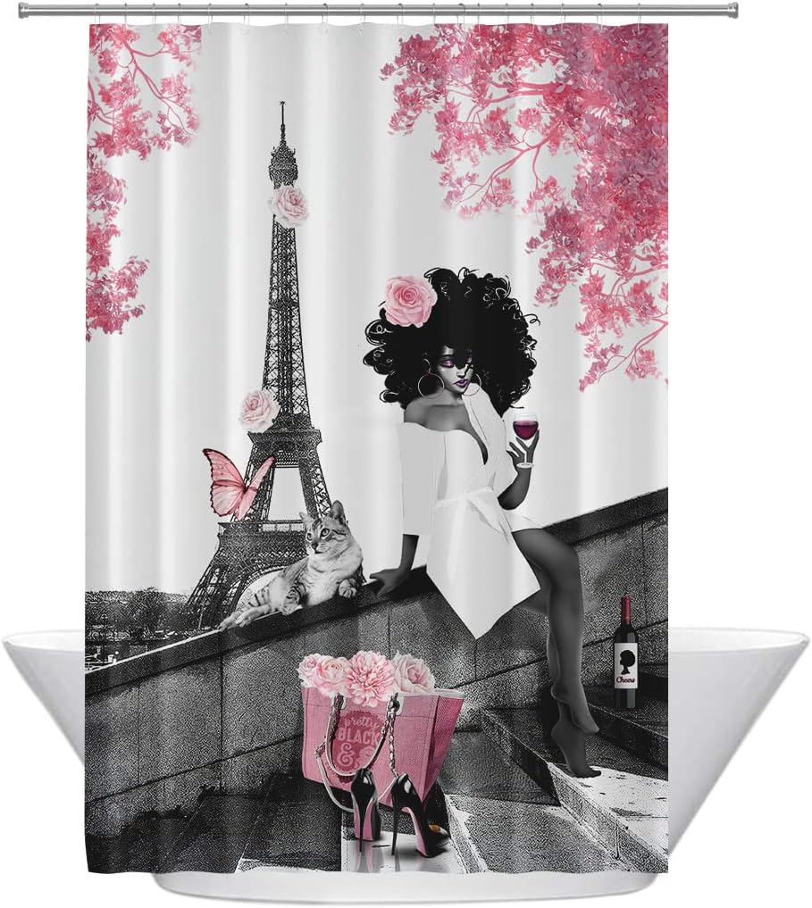 Afro Black Woman And Eiffel Tower Shower Curtain - Colorful And Playful Bathroom Decor With Unique And Bold Design