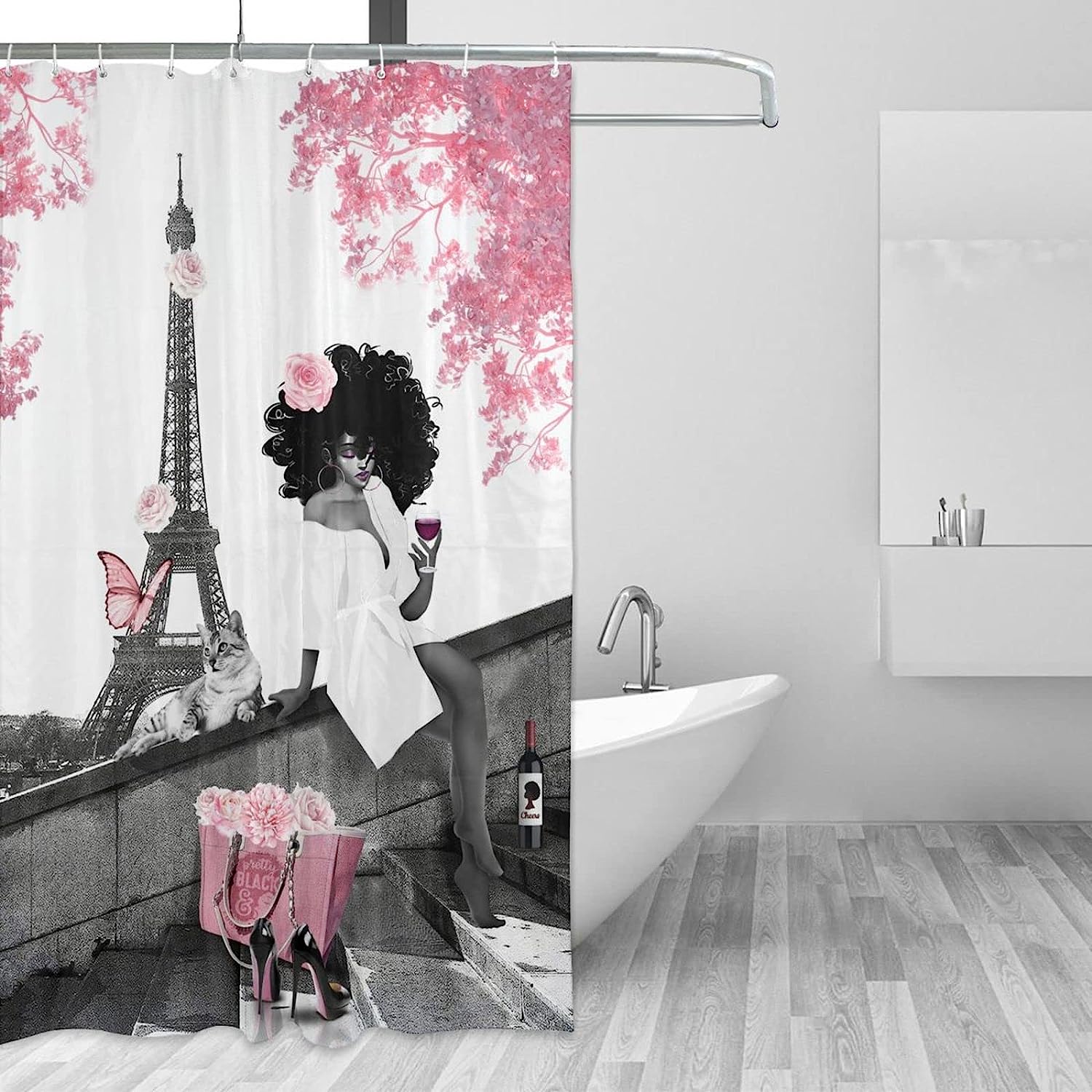 Afro Black Woman And Eiffel Tower Shower Curtain - Colorful And Playful Bathroom Decor With Unique And Bold Design - Image 2
