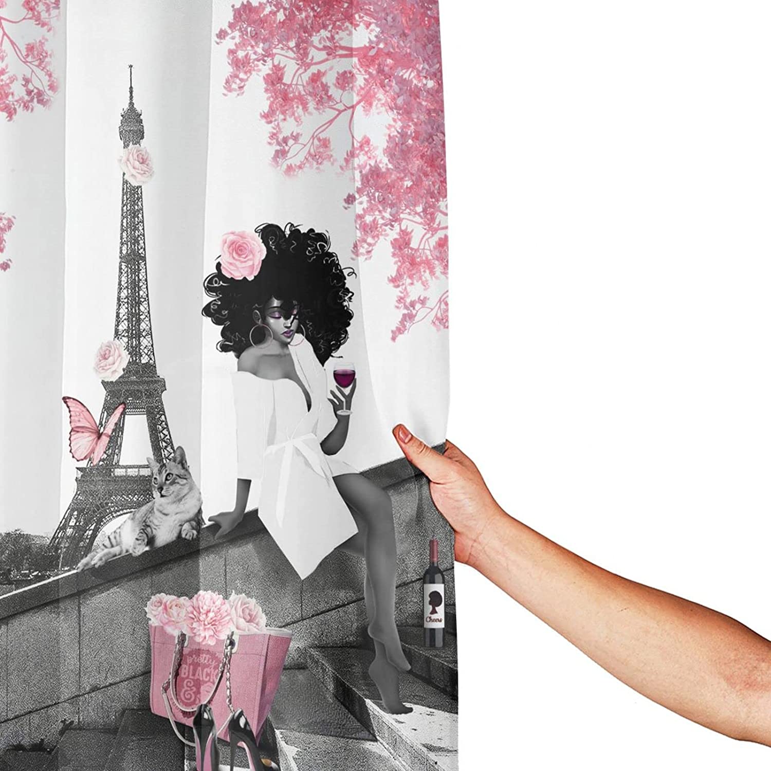 Afro Black Woman And Eiffel Tower Shower Curtain - Colorful And Playful Bathroom Decor With Unique And Bold Design - Image 3