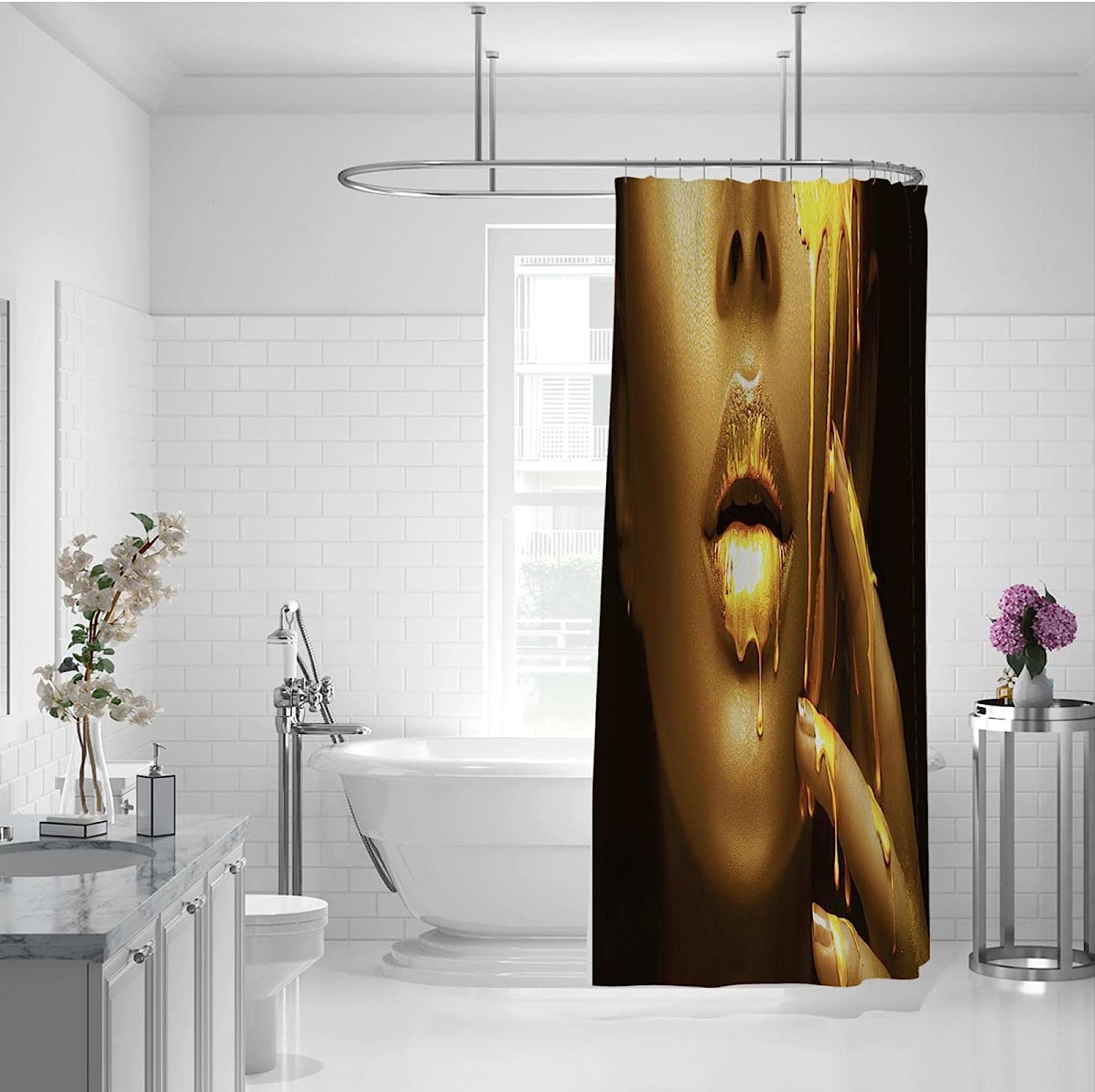 Afrocentric Black Girl Golden Lips Shower Curtain - Bold And Glamorous Bathroom Decor With Unique Art Print - Image 2