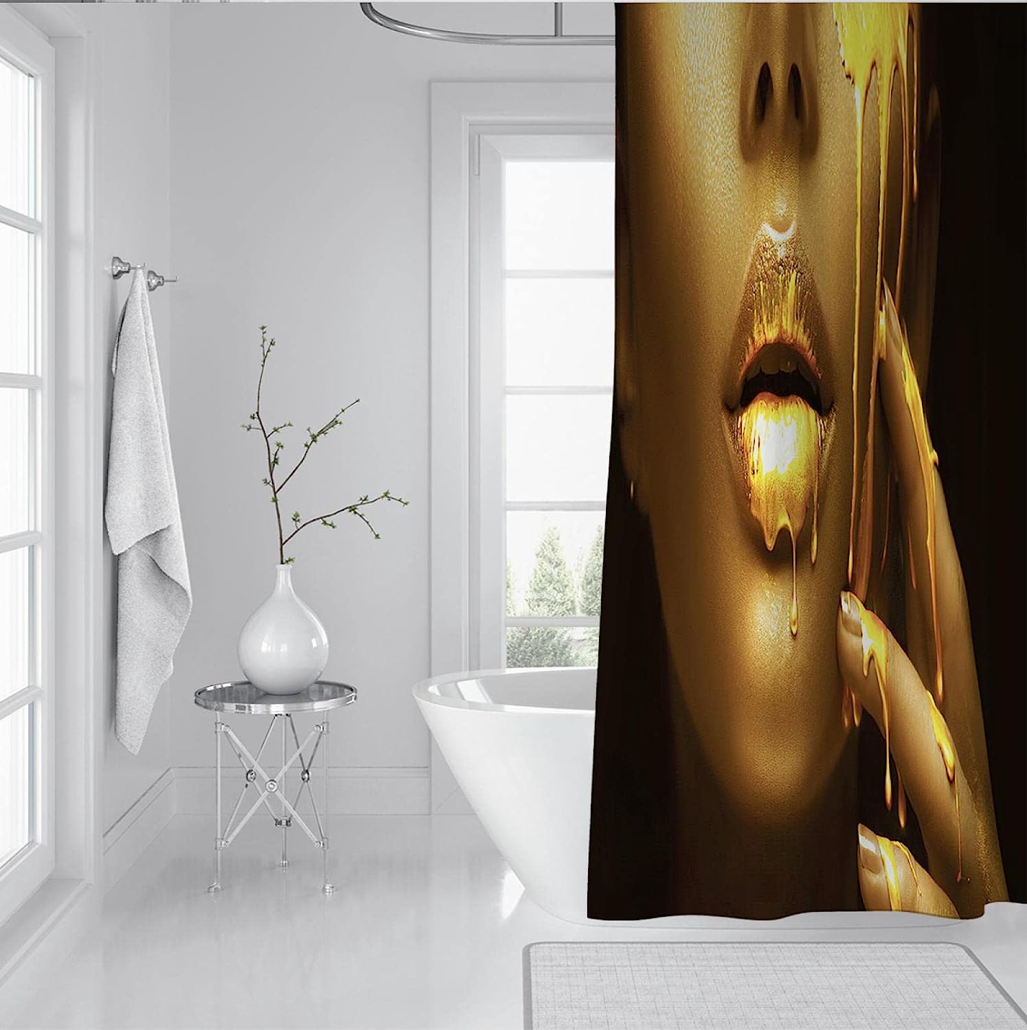 Afrocentric Black Girl Golden Lips Shower Curtain - Bold And Glamorous Bathroom Decor With Unique Art Print - Image 3