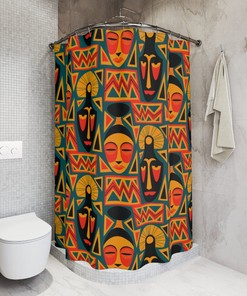 Afrocentric Geometric Tribal Shower Curtain, African American House Warming Gift For Home Decor