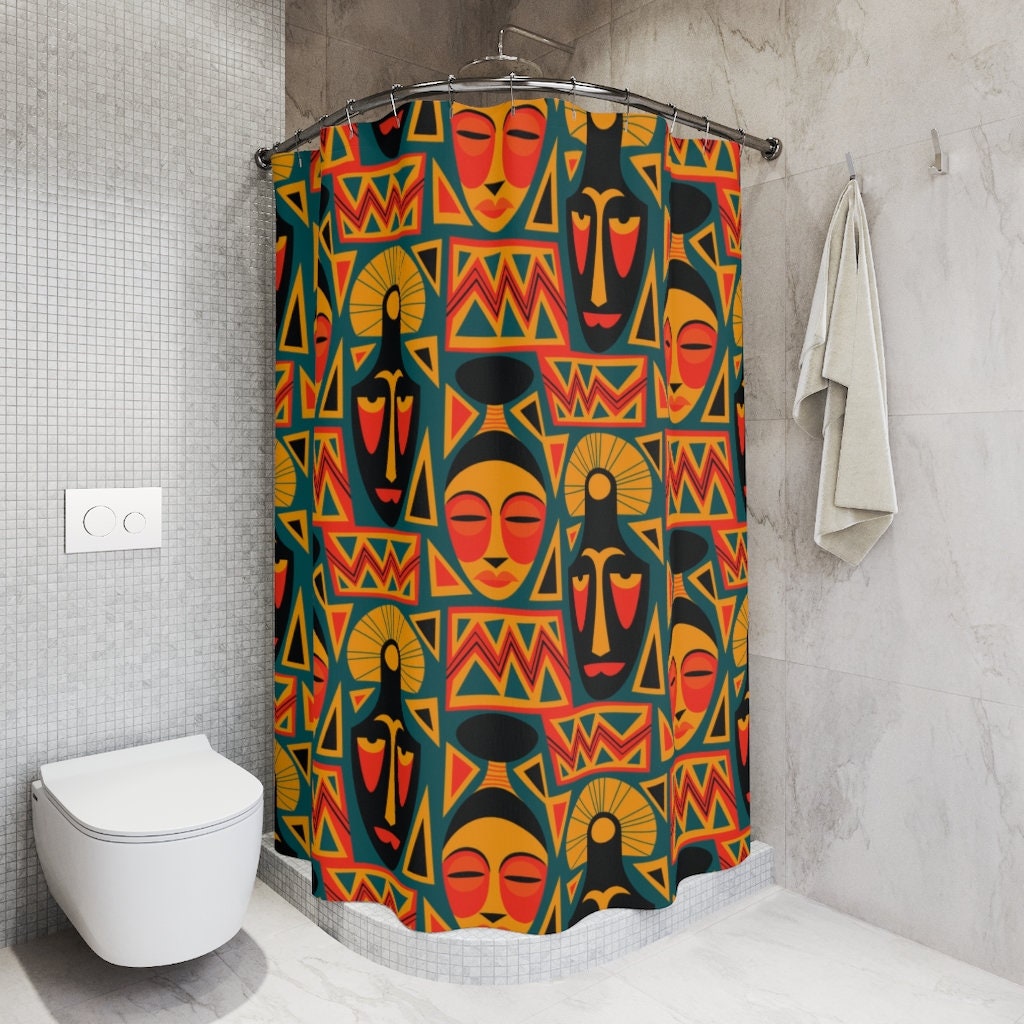 Afrocentric Geometric Tribal Shower Curtain, African American House Warming Gift For Home Decor