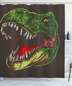 Aggressive And Wild T-Rex Print Dinosaur Shower Curtain For A Unique And Dramatic Bathroom Look