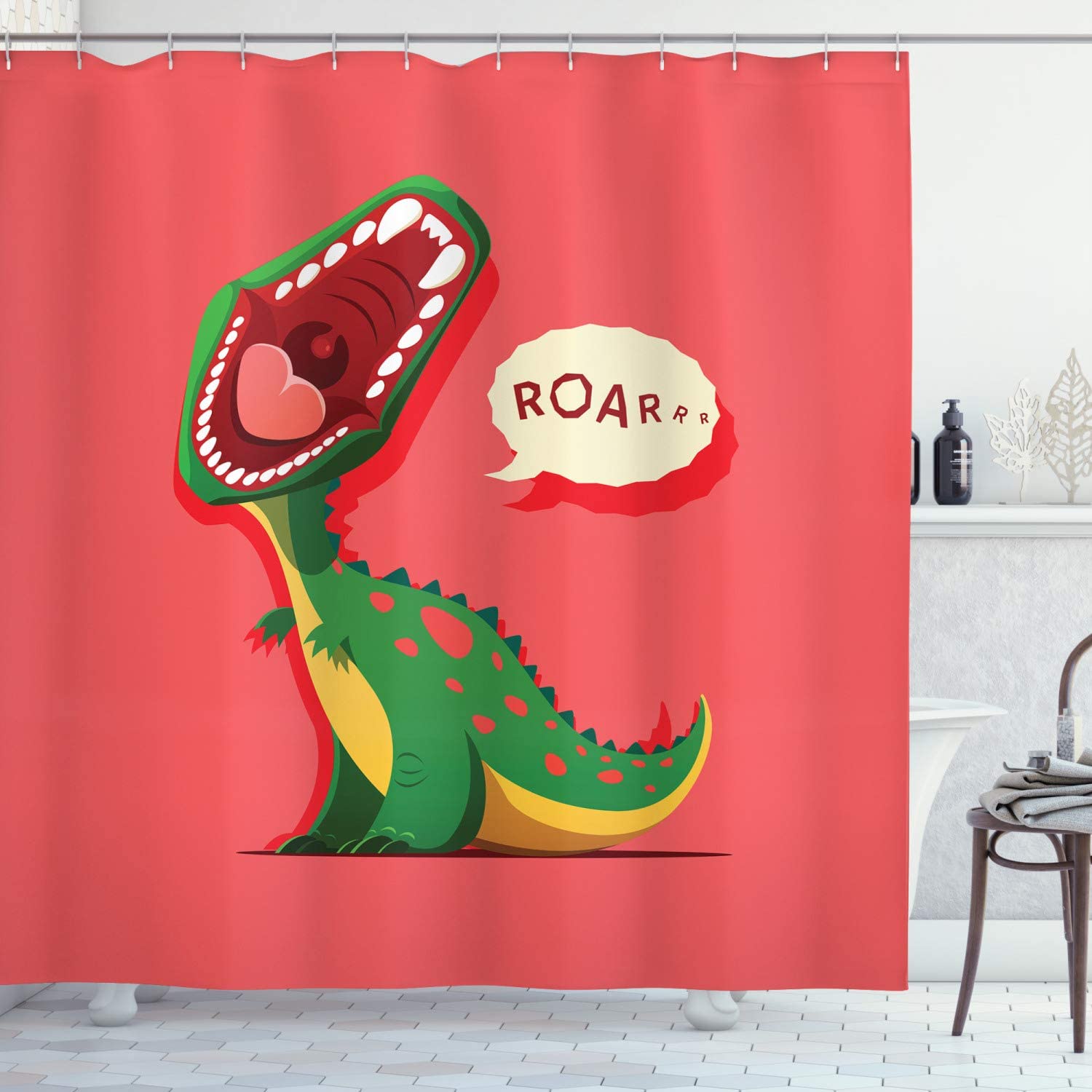 Aggressive Prehistoric Cartoon Animal Roaring Open Mouth Dinosaur Shower Curtain - Cloth Fabric Bathroom Decors