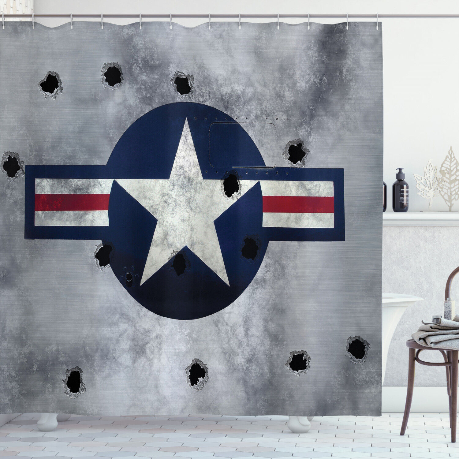 Airplane Shower Curtain With Star Circle Print For Unique Bathroom Decor